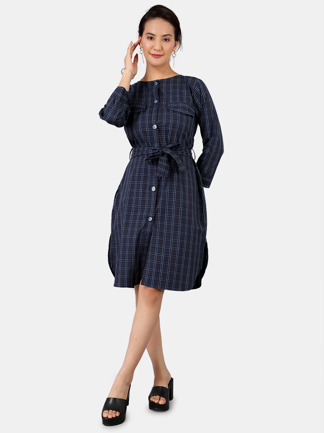 

INDOPHILIA Round Neck Checked Tie Up Cotton Shirt Dress, Blue