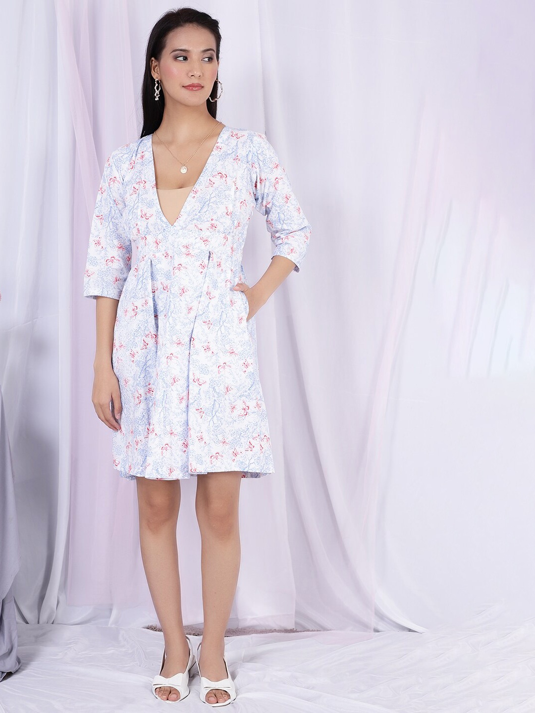 

INDOPHILIA Floral Printed V-Neck Pure Cotton Fit & Flare Dress, White