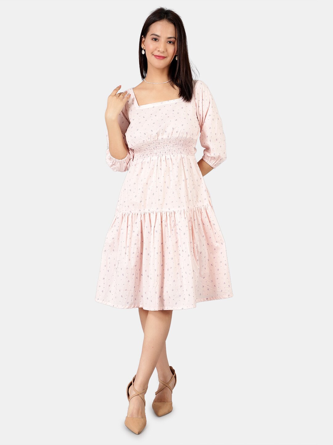 

INDOPHILIA Floral Printed Tiered Cotton Fit & Flare Dress, Pink