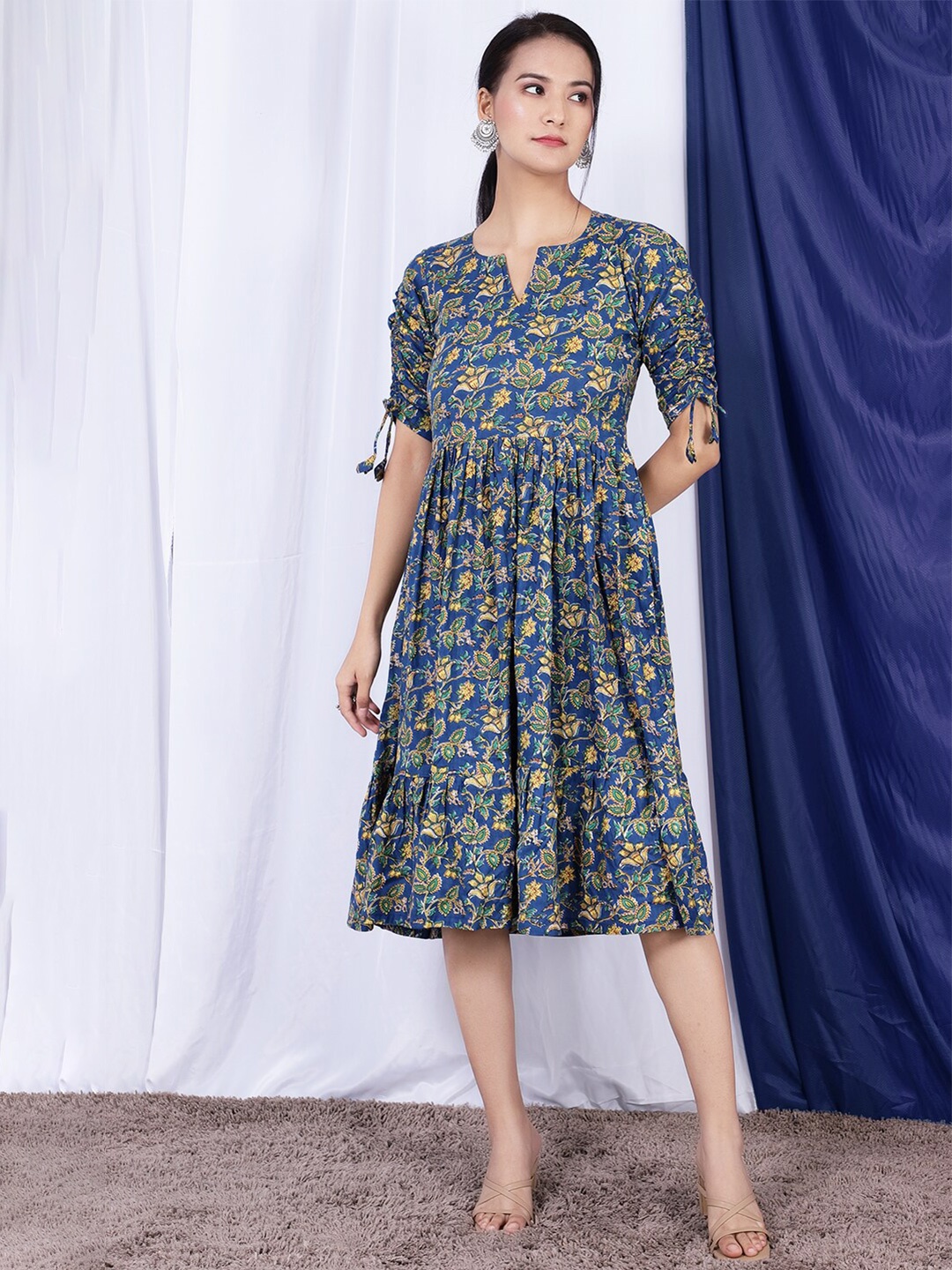 

INDOPHILIA Ethnic Motif Printed Fit & Flare Ethnic Dress, Blue