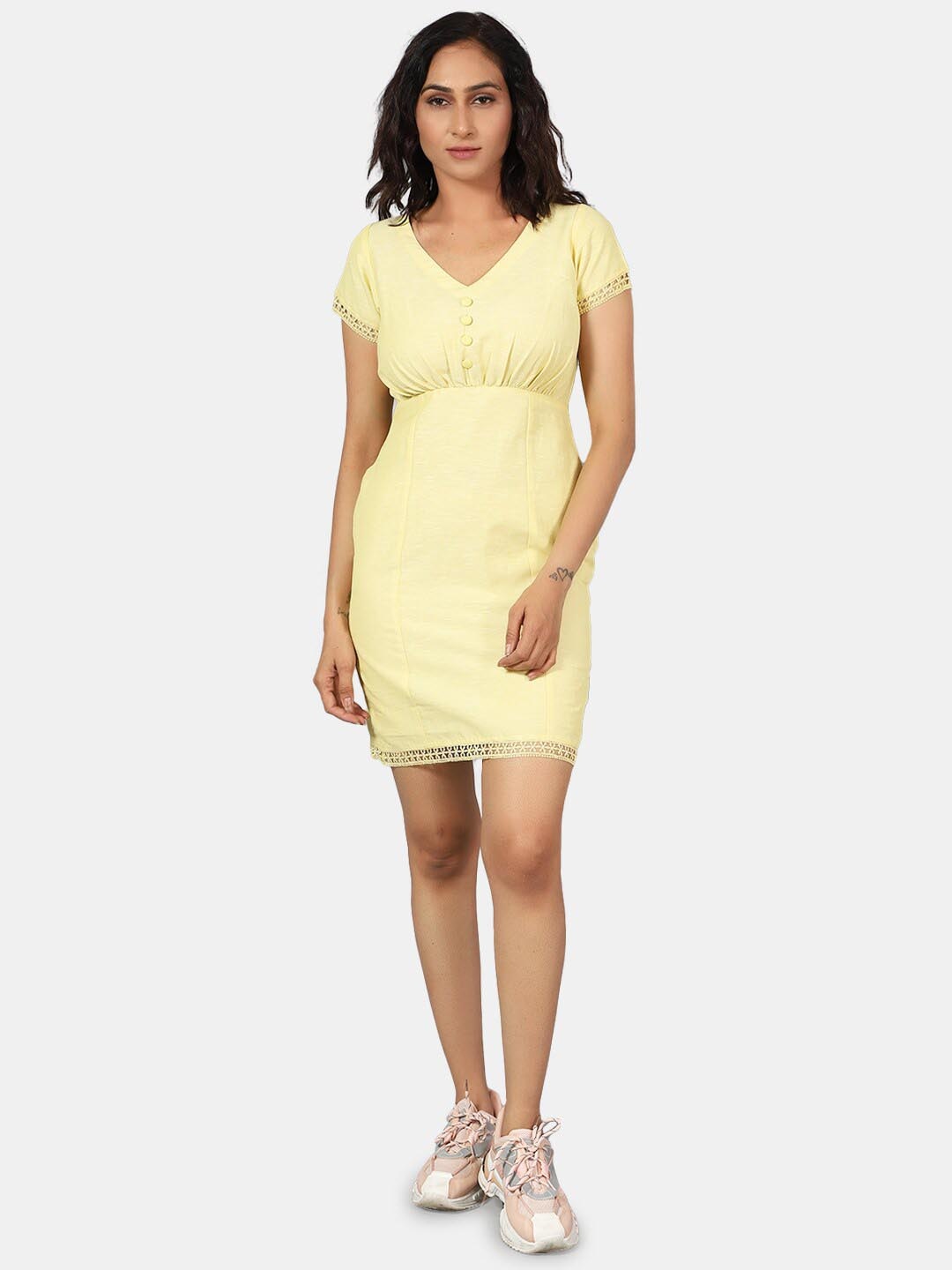 

INDOPHILIA V-Neck Cotton Linen Sheath Mini Dress, Yellow