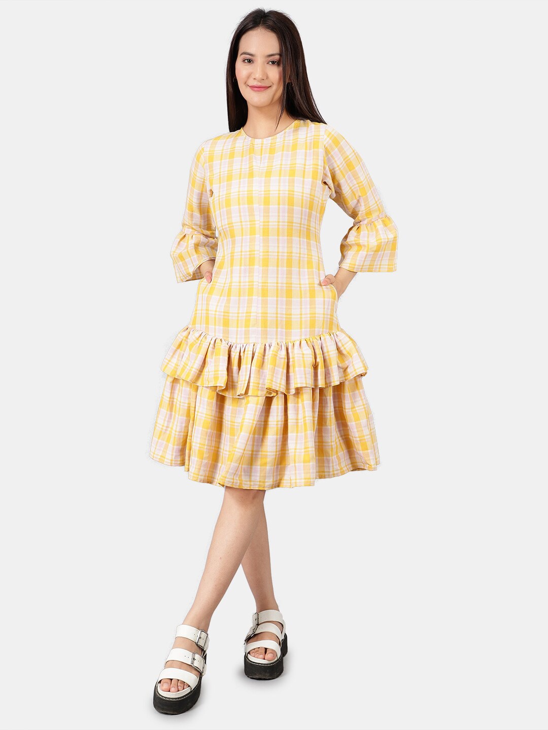 

INDOPHILIA Round Neck Checked Cotton Linen Drop-Waist Dress, Yellow