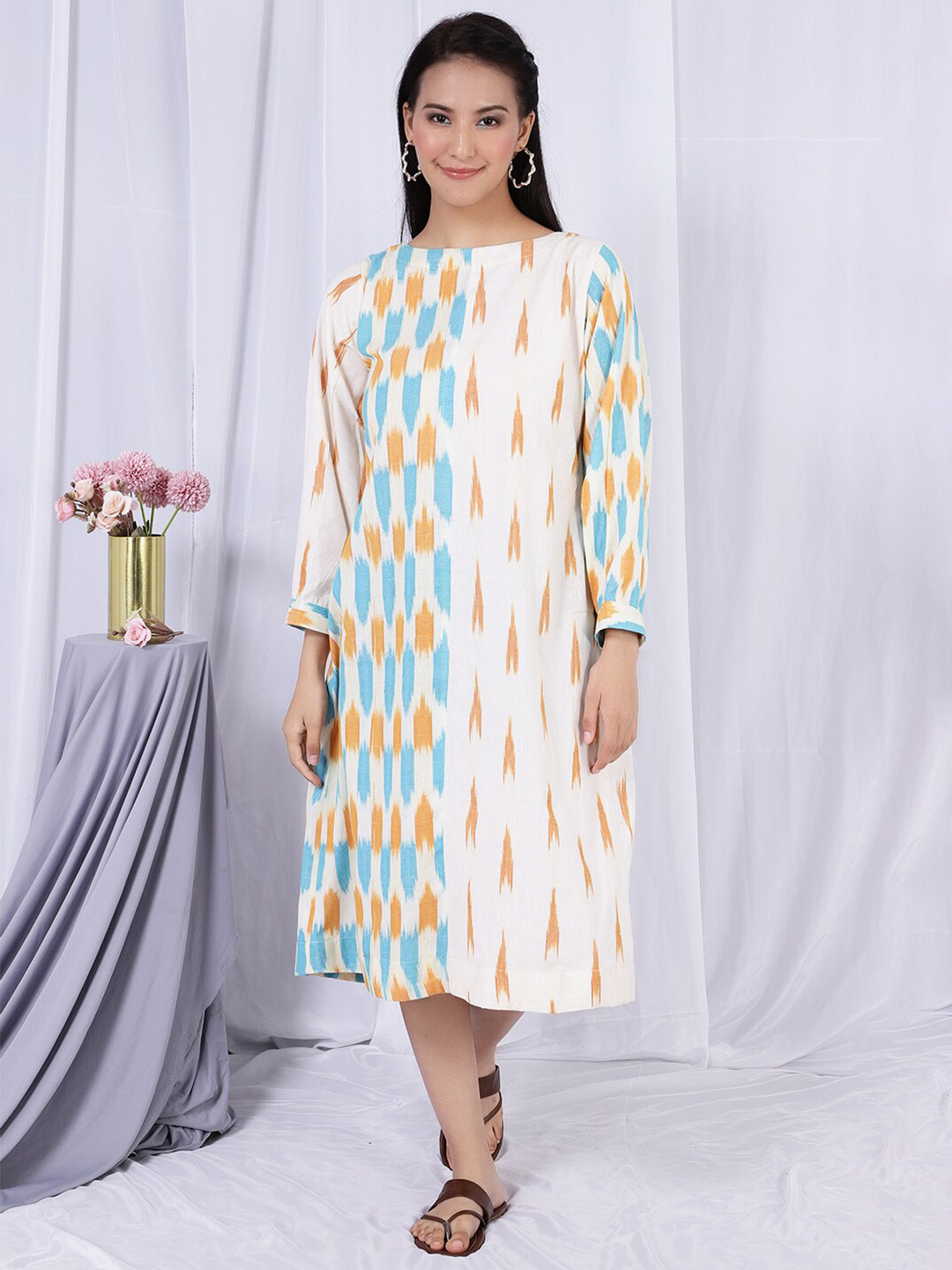 

INDOPHILIA Boat Neck Ikat Printed Cotton A-Line Dress, Off white