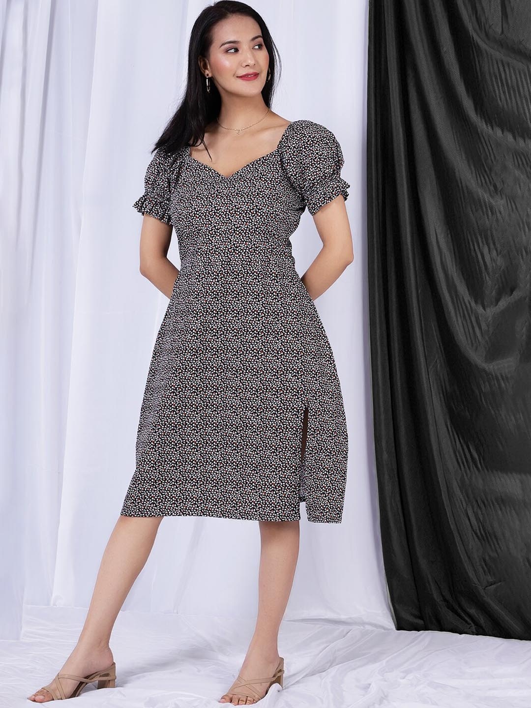 

INDOPHILIA Square Neck Floral Printed A-Line Dress, Black