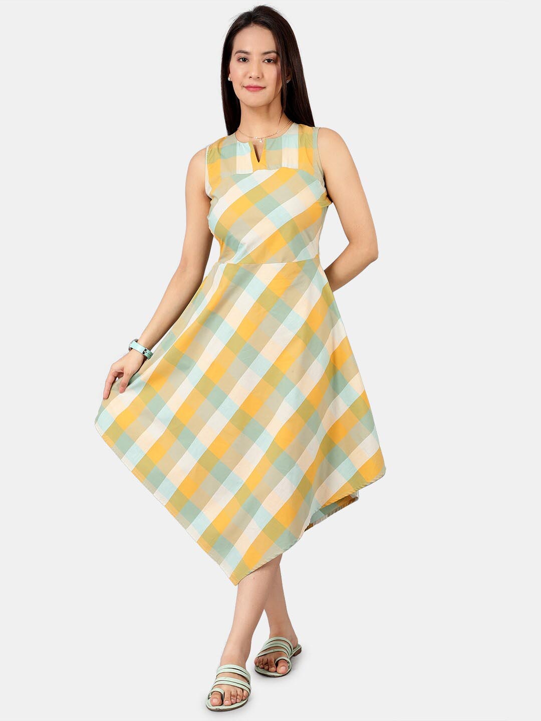 

INDOPHILIA Notch Neck Checked Midi Cotton Fit & Flare Dress, Yellow