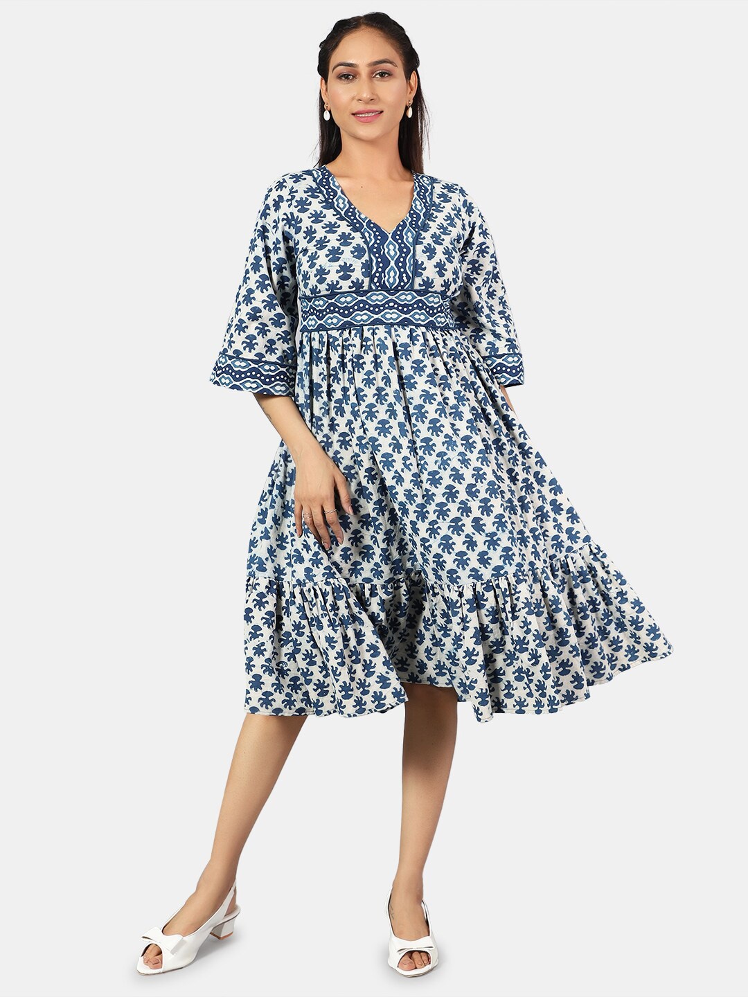 

INDOPHILIA V-Neck Ethnic Motifs Printed Flared Sleeve Cotton Fit & Flare Dress, Blue