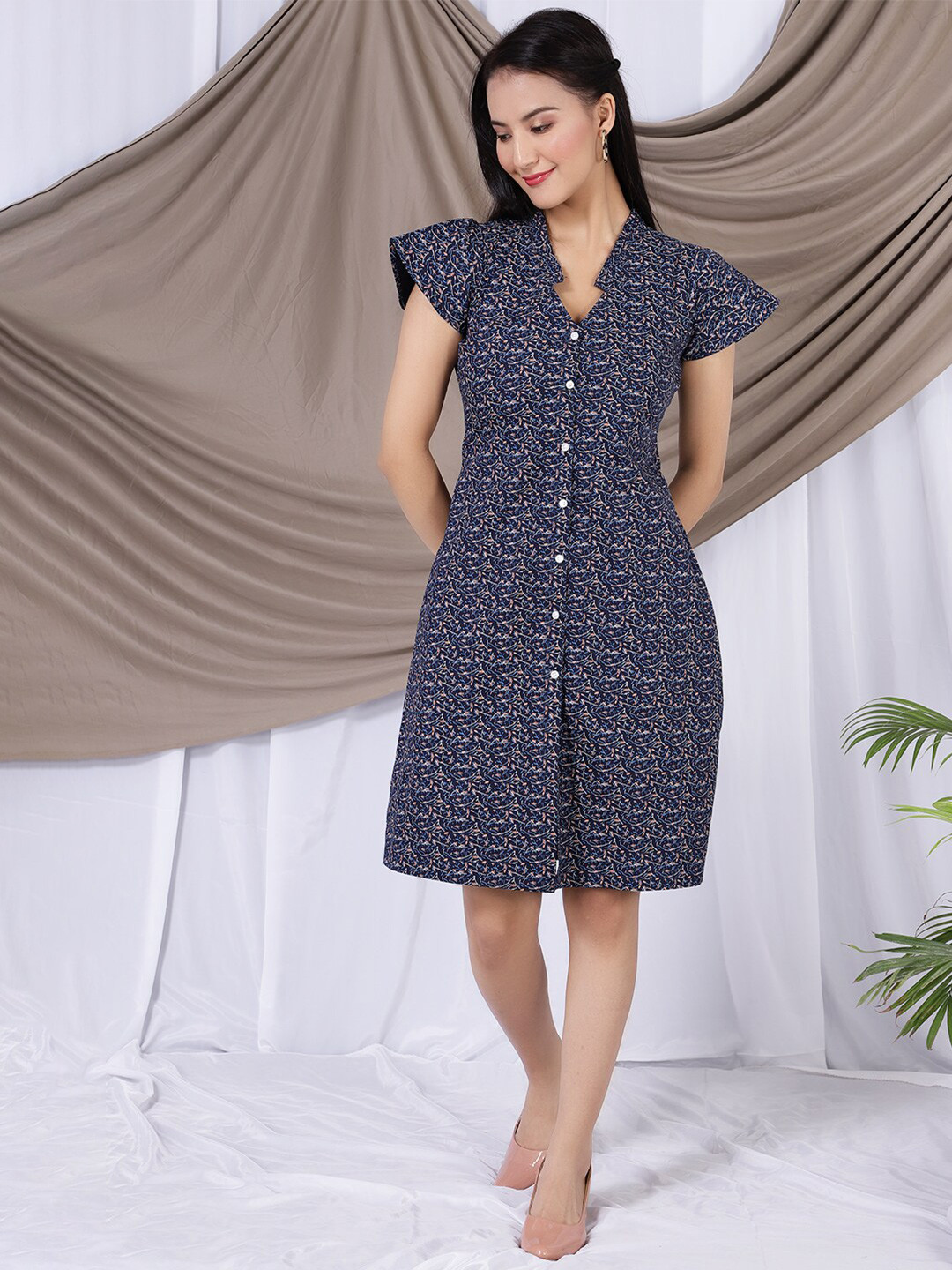 

INDOPHILIA V-Neck Floral Printed Pure Cotton Shirt Dress, Navy blue