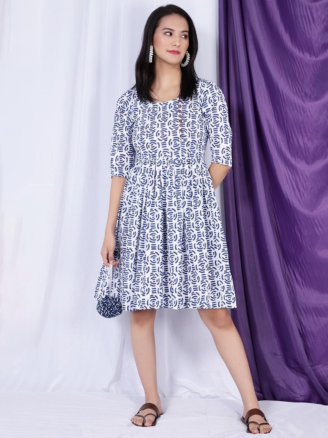 

INDOPHILIA Geometric Printed Cotton Fit & Flare Dress, Blue