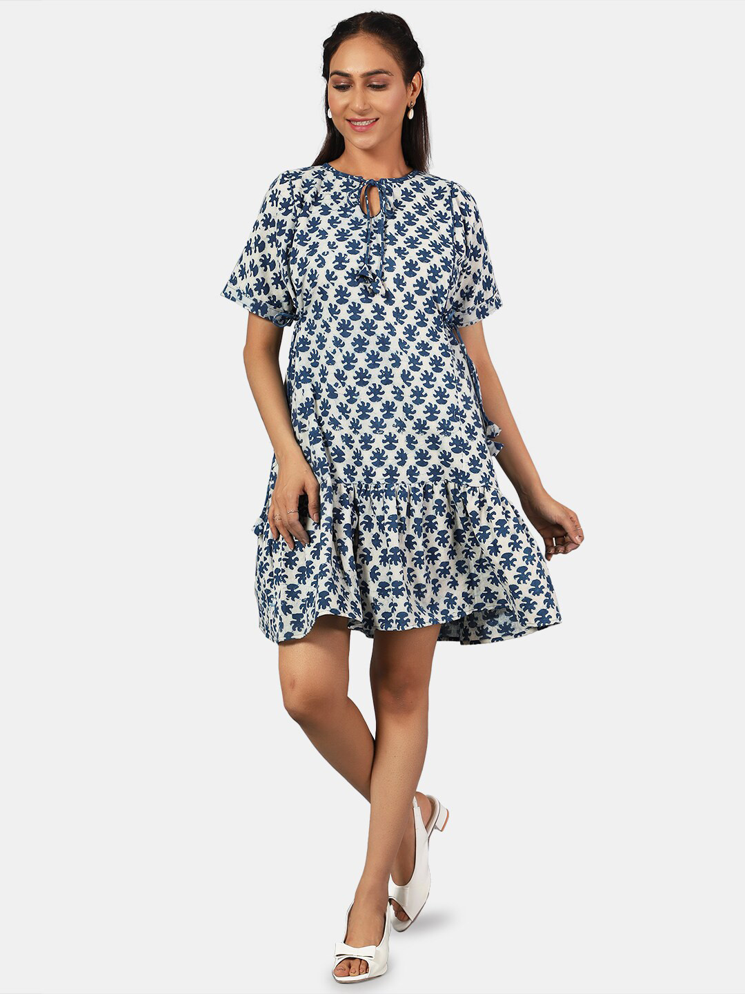 

INDOPHILIA Floral Printed Tie-Up Neck Drop-Waist Dress, Blue