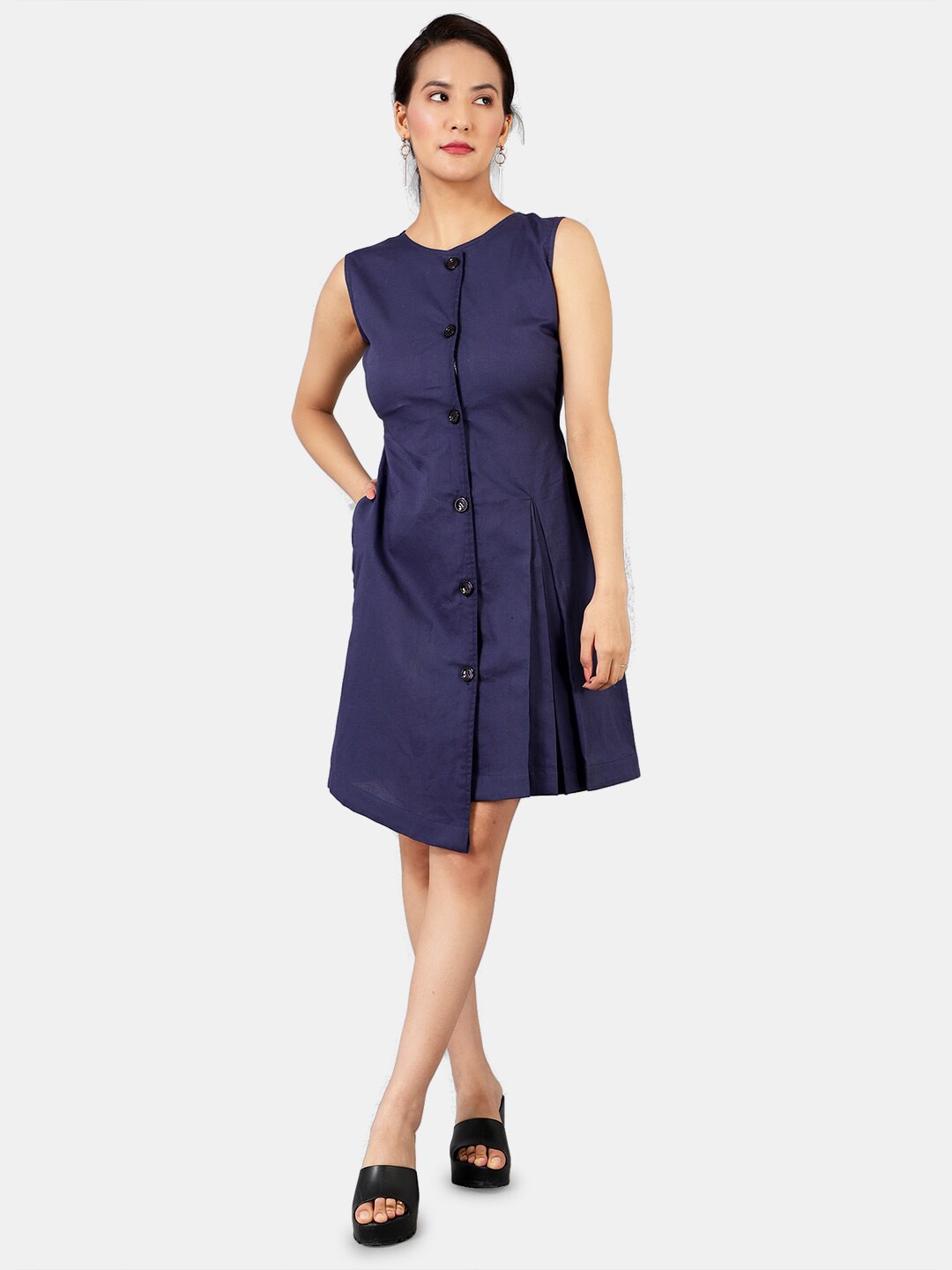 

INDOPHILIA Round Neck Pocket Details Cotton Linen A-Line Dress, Blue