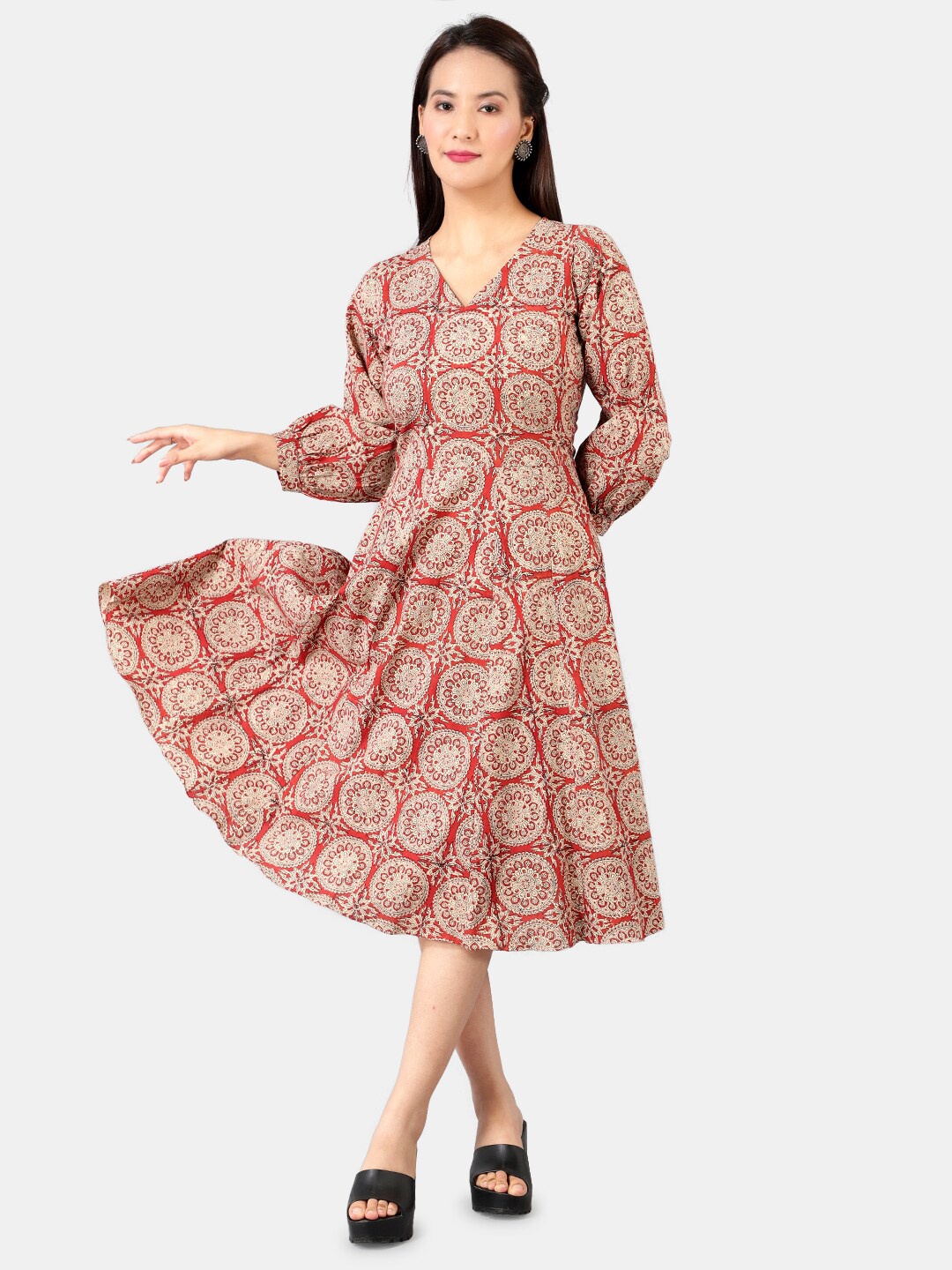 

INDOPHILIA Ethnic Motif Printed Bell Sleeves Cotton Fit & Flare EthnicDress, Red