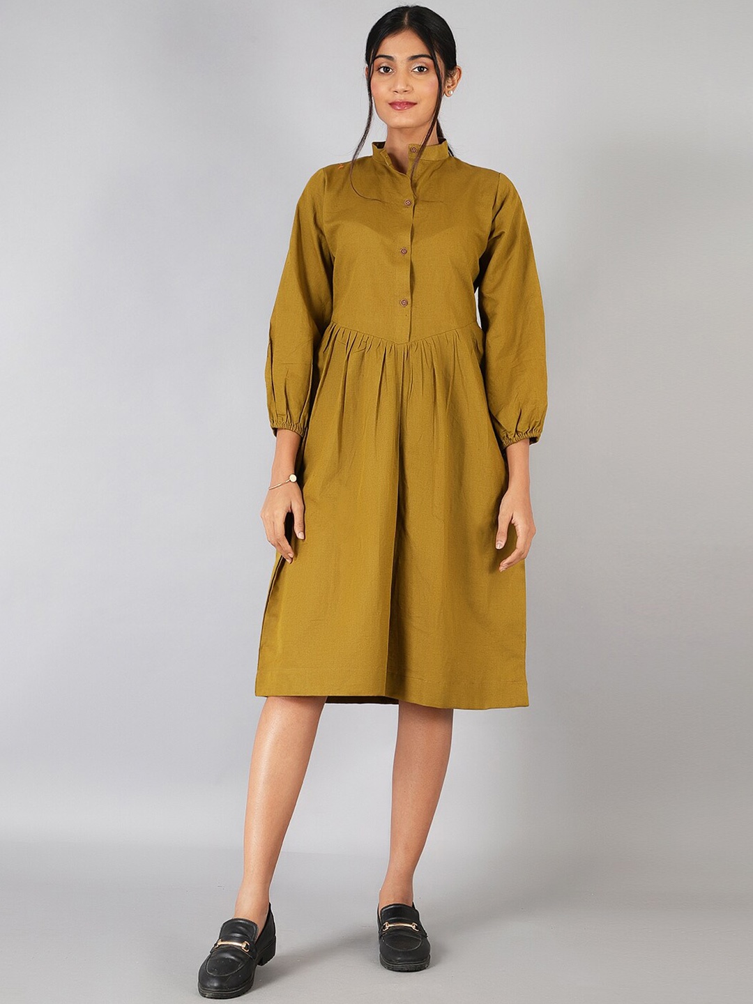 

INDOPHILIA Puff Sleeve Cotton Linen Shirt Dress, Green