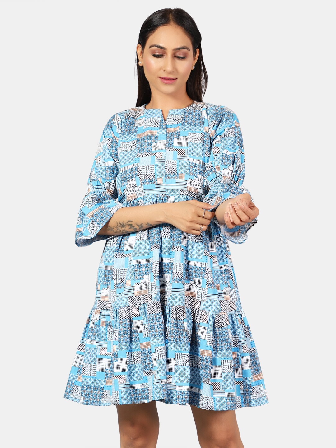 

INDOPHILIA Ethnic Motif Printed Bell Sleeves Pure Cotton Fit & Flare Dress, Blue