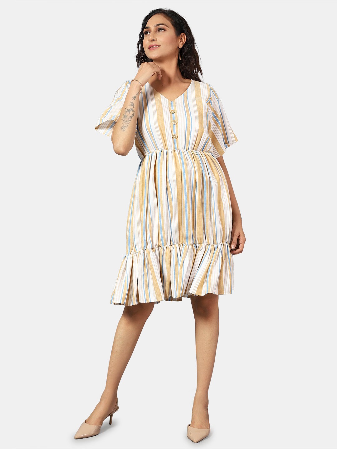 

INDOPHILIA Striped Flared Sleeve Cotton Linen Fit & Flare Dress, Off white