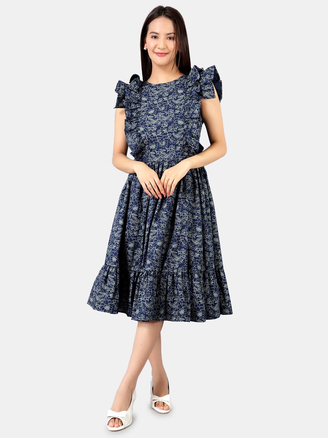 

INDOPHILIA Floral Print Flutter Sleeves Ruffles Cotton Fit & Flare Midi Dress, Blue