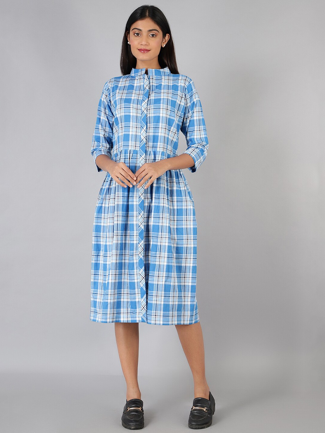 

INDOPHILIA Mandarin Collar Checked Pure Cotton Midi Shirt Dress, Blue