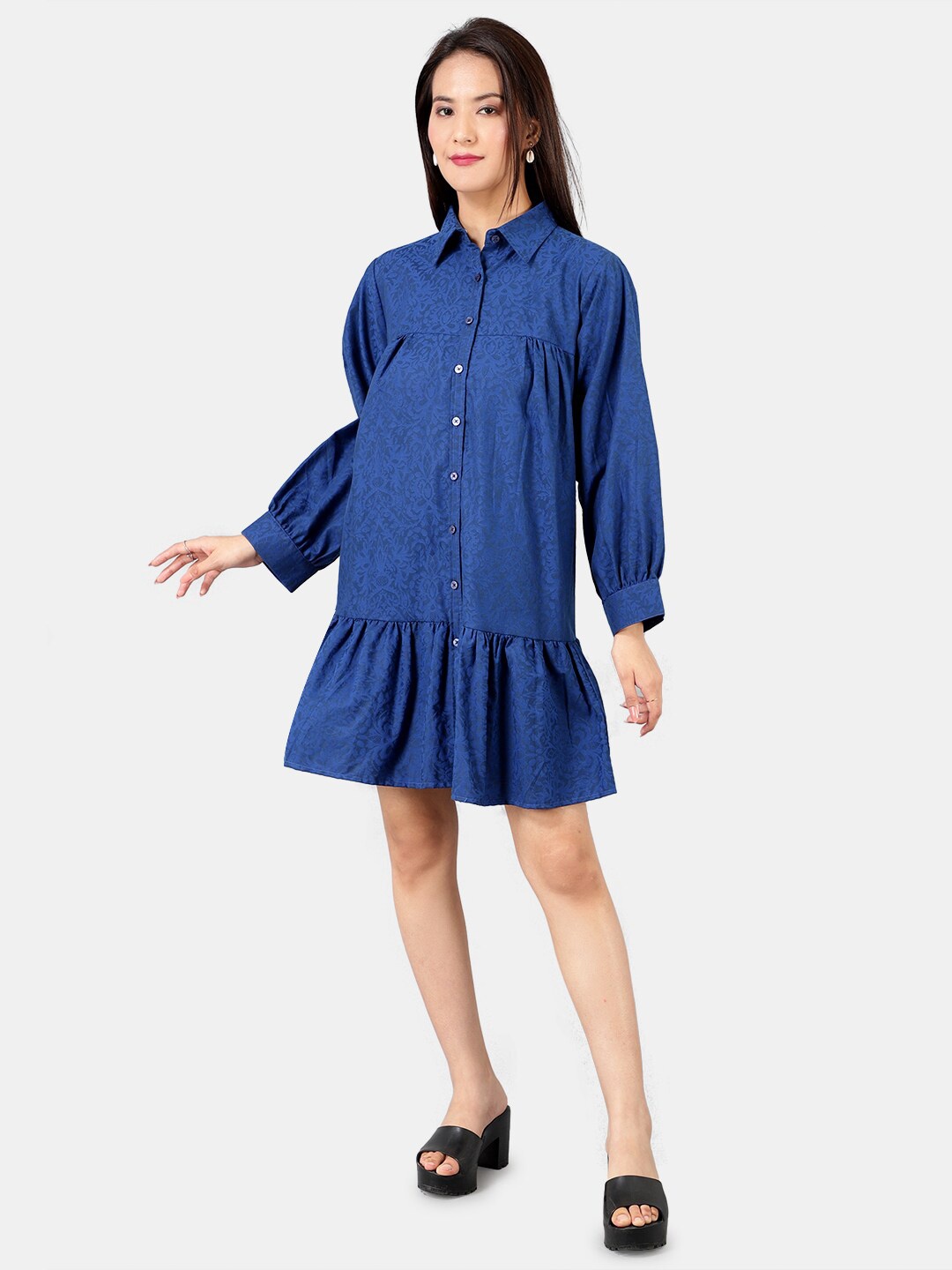

INDOPHILIA Floral Printed Flounce Cotton Shirt Dress, Blue