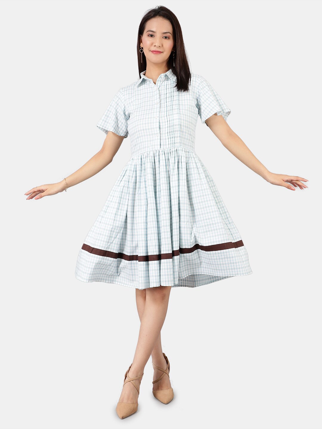 

INDOPHILIA Shirt Collar Checked Cotton Fit & Flare Dress, White