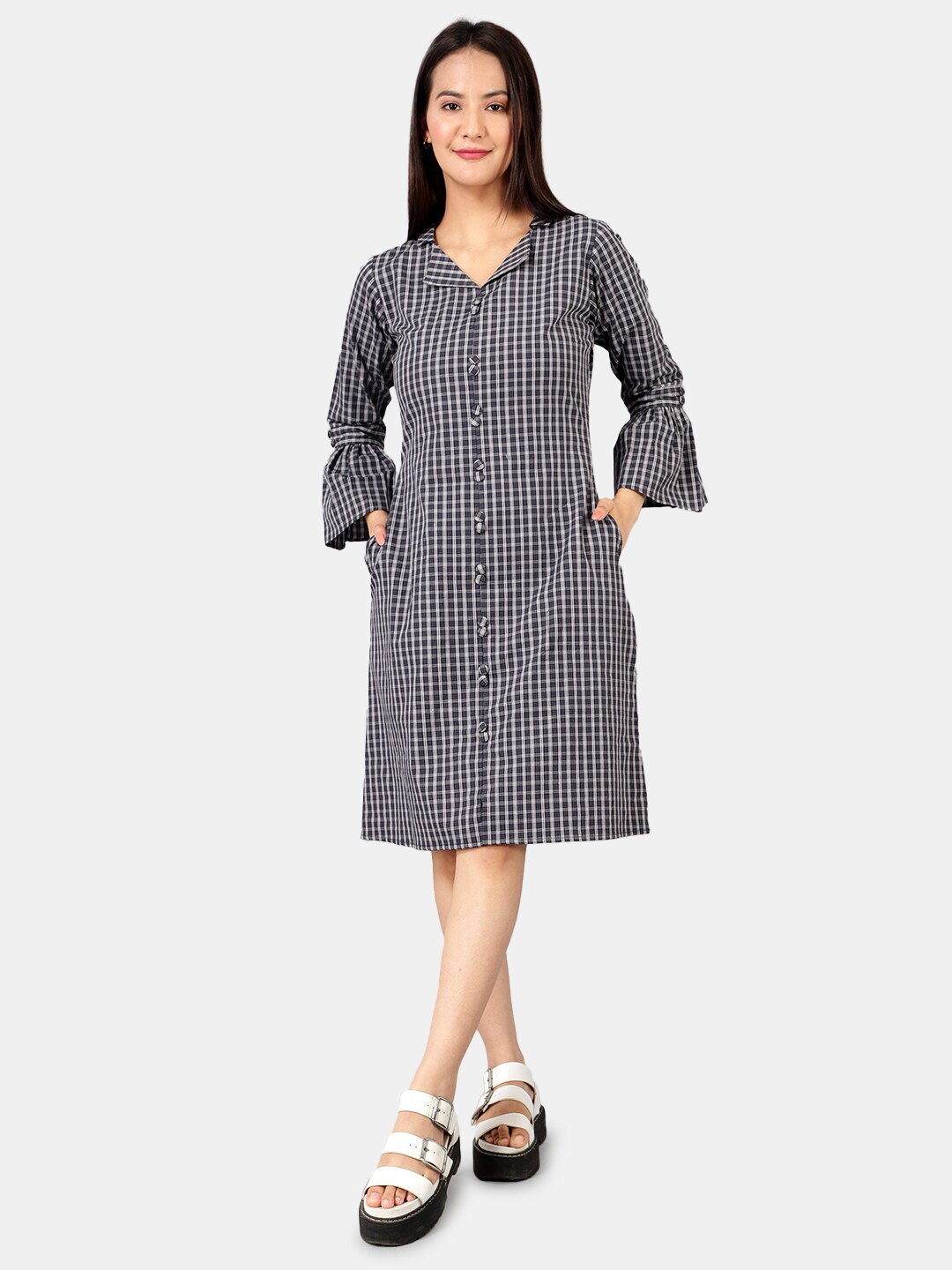 

INDOPHILIA Checked Bell Sleeves Cotton Shirt Dress, Black
