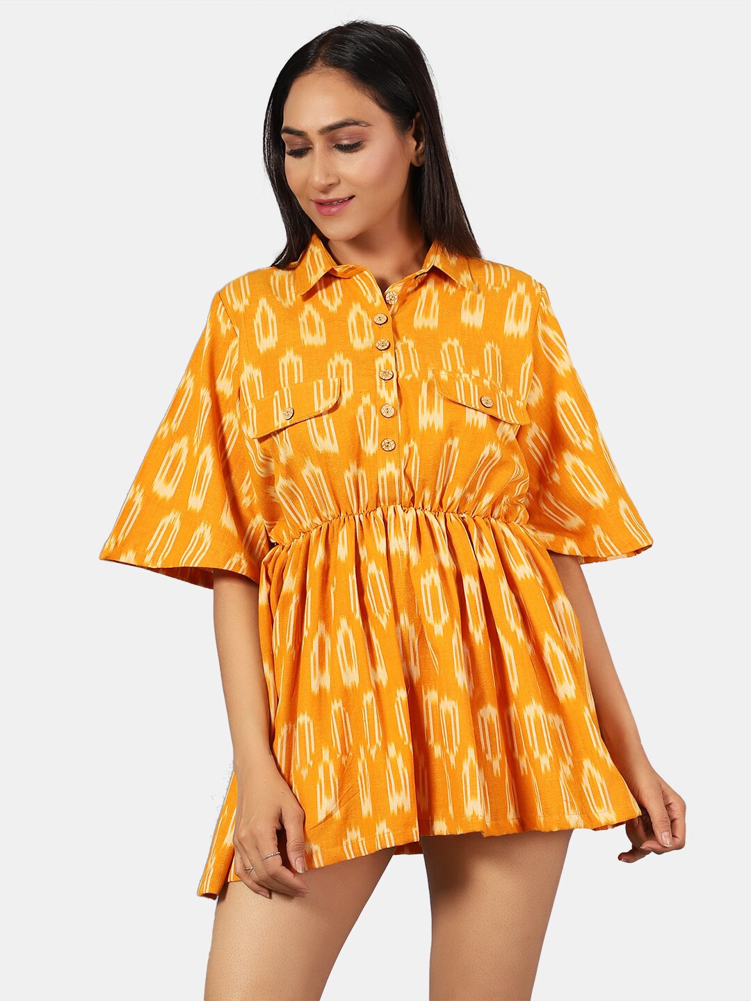 

INDOPHILIA Geometric Printed Fit & Flare Mini Dress, Yellow