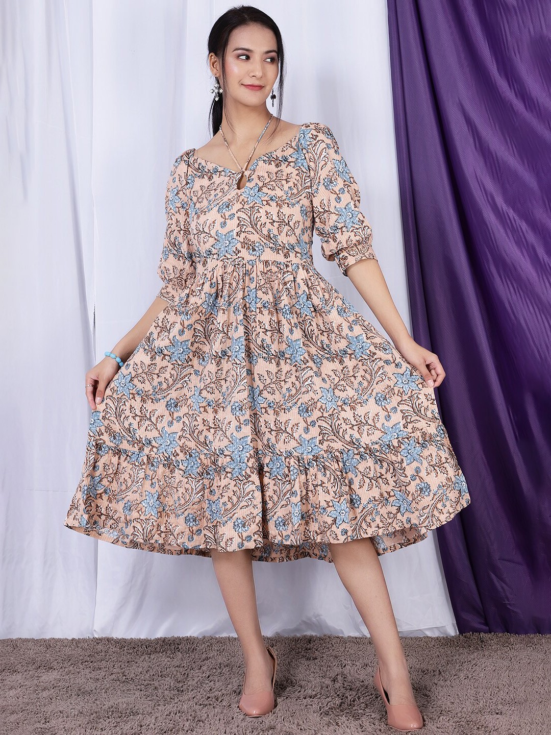 

INDOPHILIA Floral Printed Tie-Up Fit & Flare Midi Dress, Beige