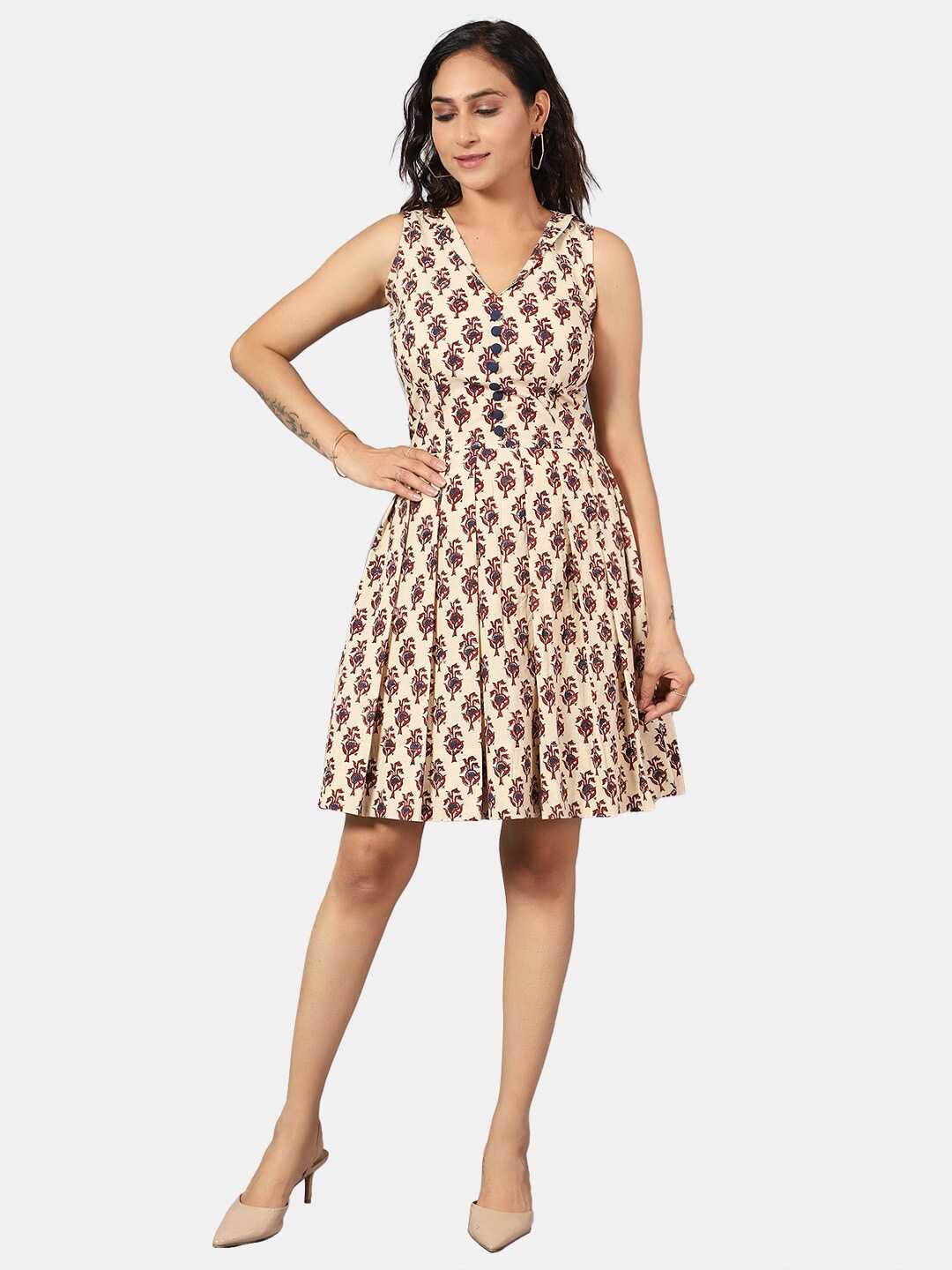 

INDOPHILIA V-Neck Ethnic Motifs Printed Cotton Fit & Flare Dress, Beige