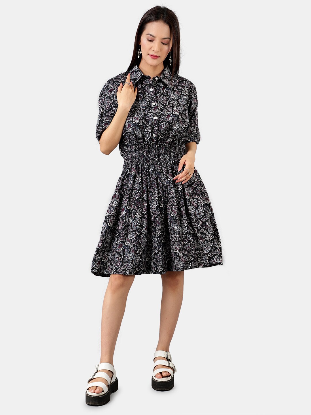 

INDOPHILIA Shirt Collar Floral Printed Smocked Cotton Fit & Flare Dress, Black