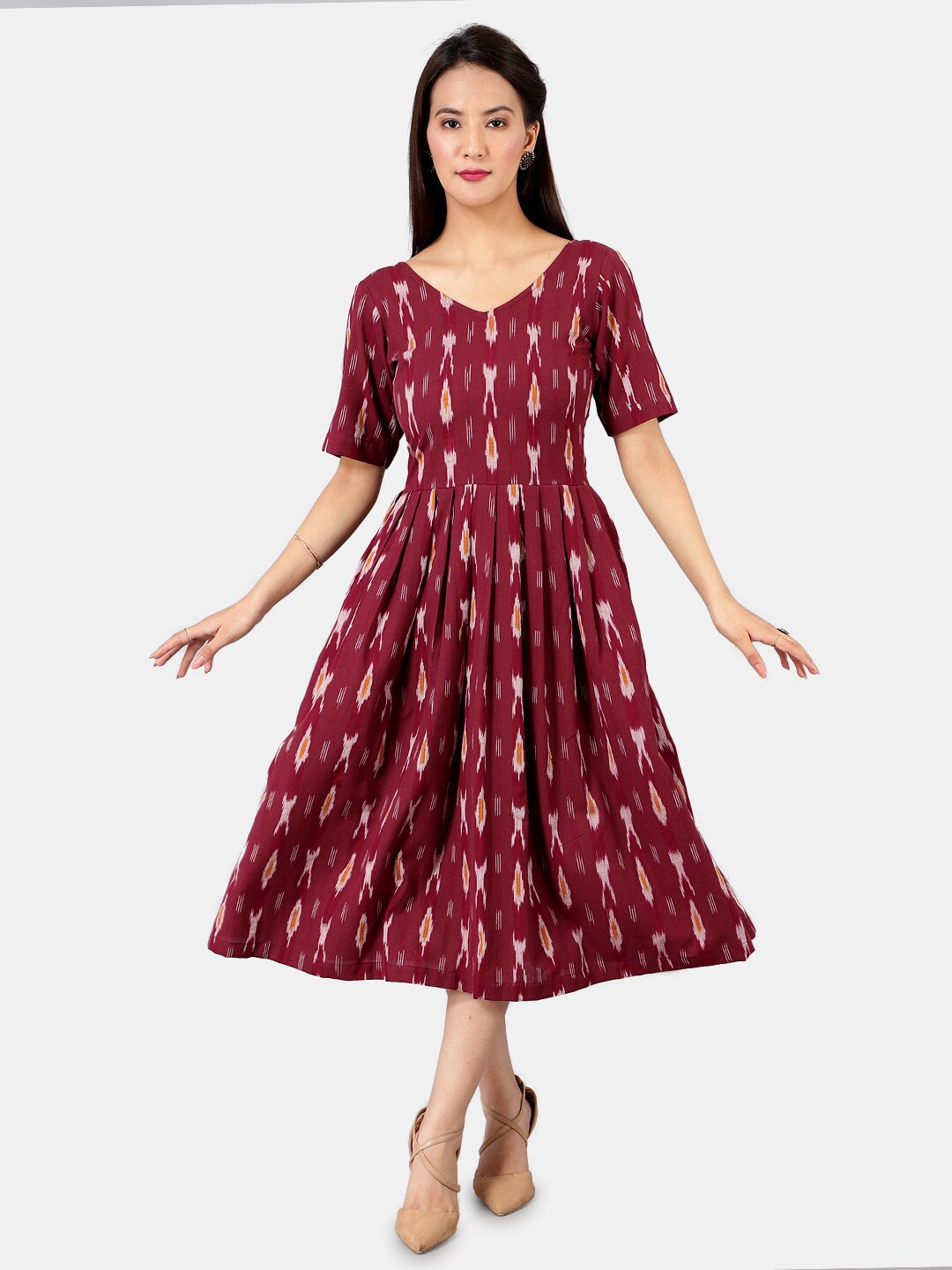 

INDOPHILIA V-Neck Ethnic Motifs Ikat Printed Cut Out Cotton Fit And Flare Midi Dress, Red