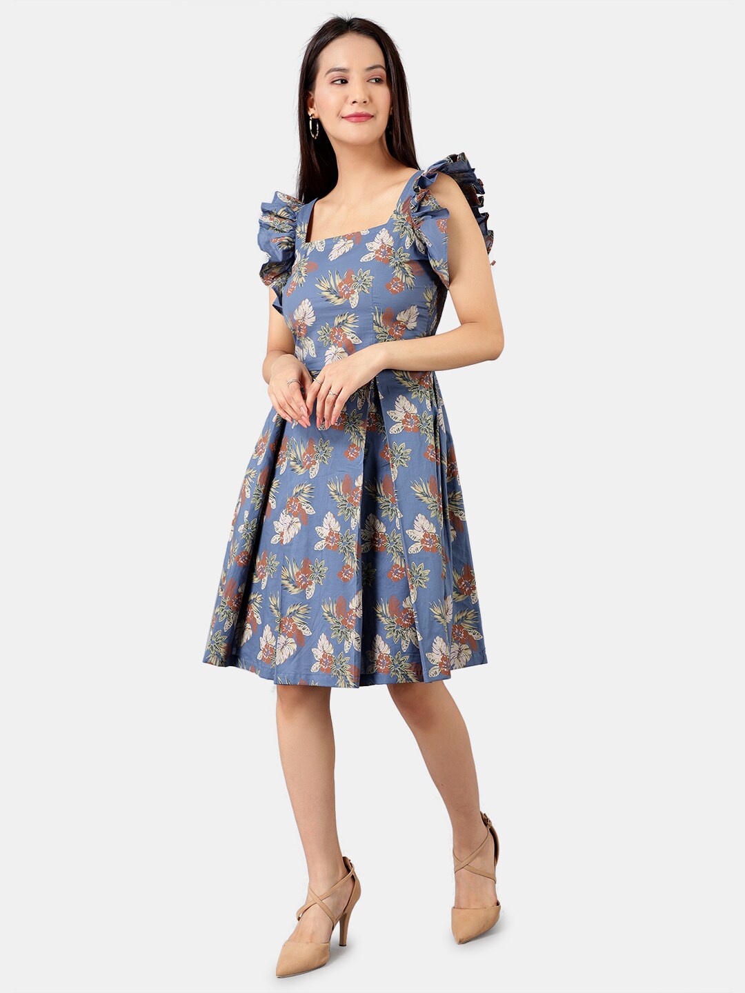 

INDOPHILIA Floral Printed Flutter Sleeves Fit & Flare Dress, Blue