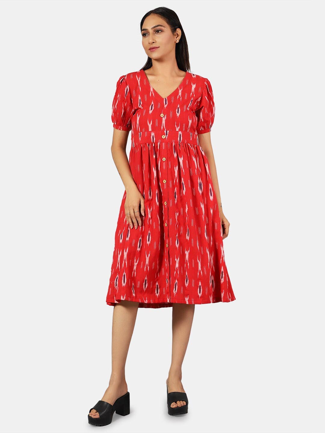

INDOPHILIA Ethnic Motif Printed V-Neck Fit & Flare Dress, Red