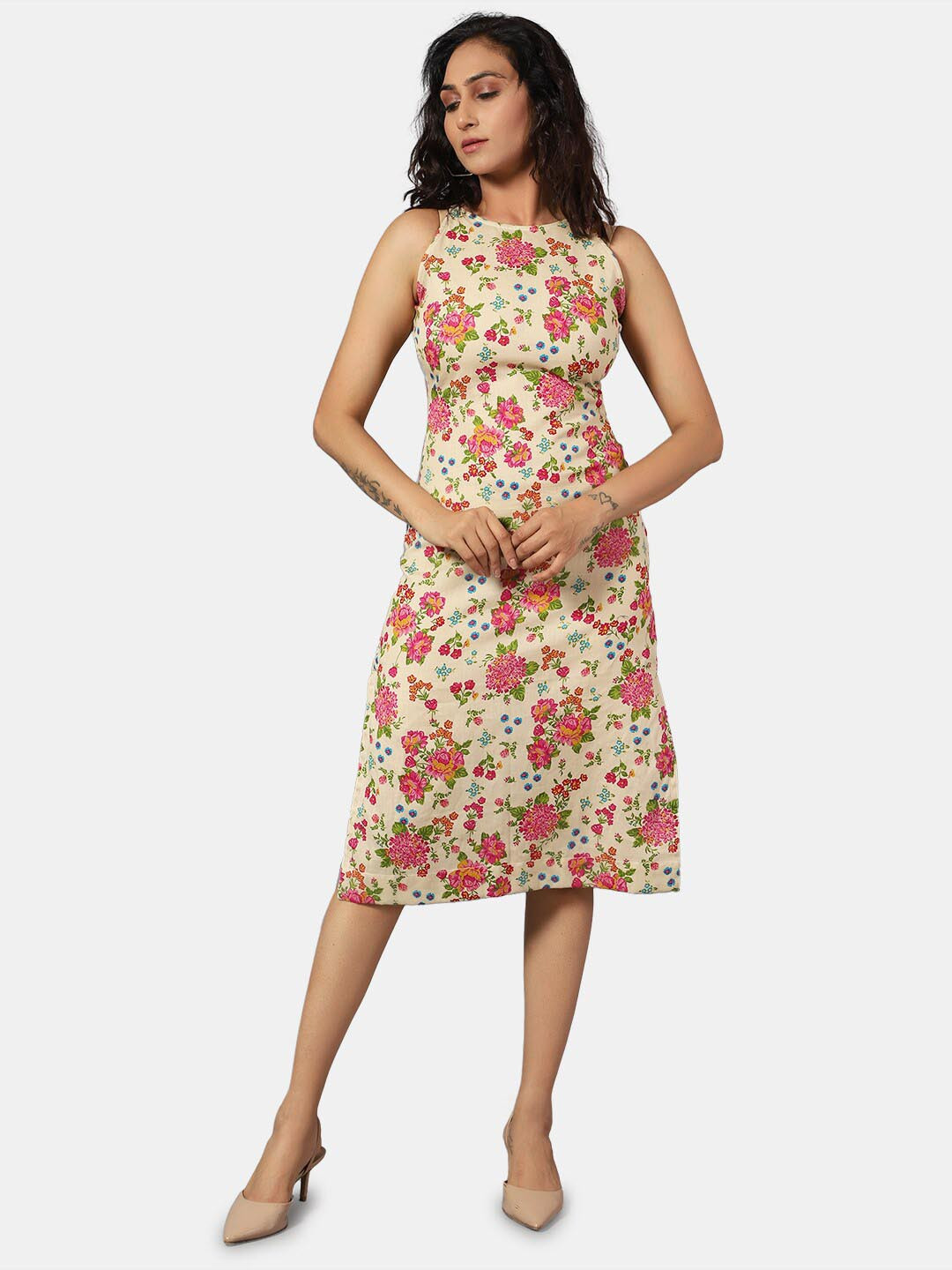 

INDOPHILIA Round Neck Floral Printed Cotton Linen Fit & Flare Dress, Cream