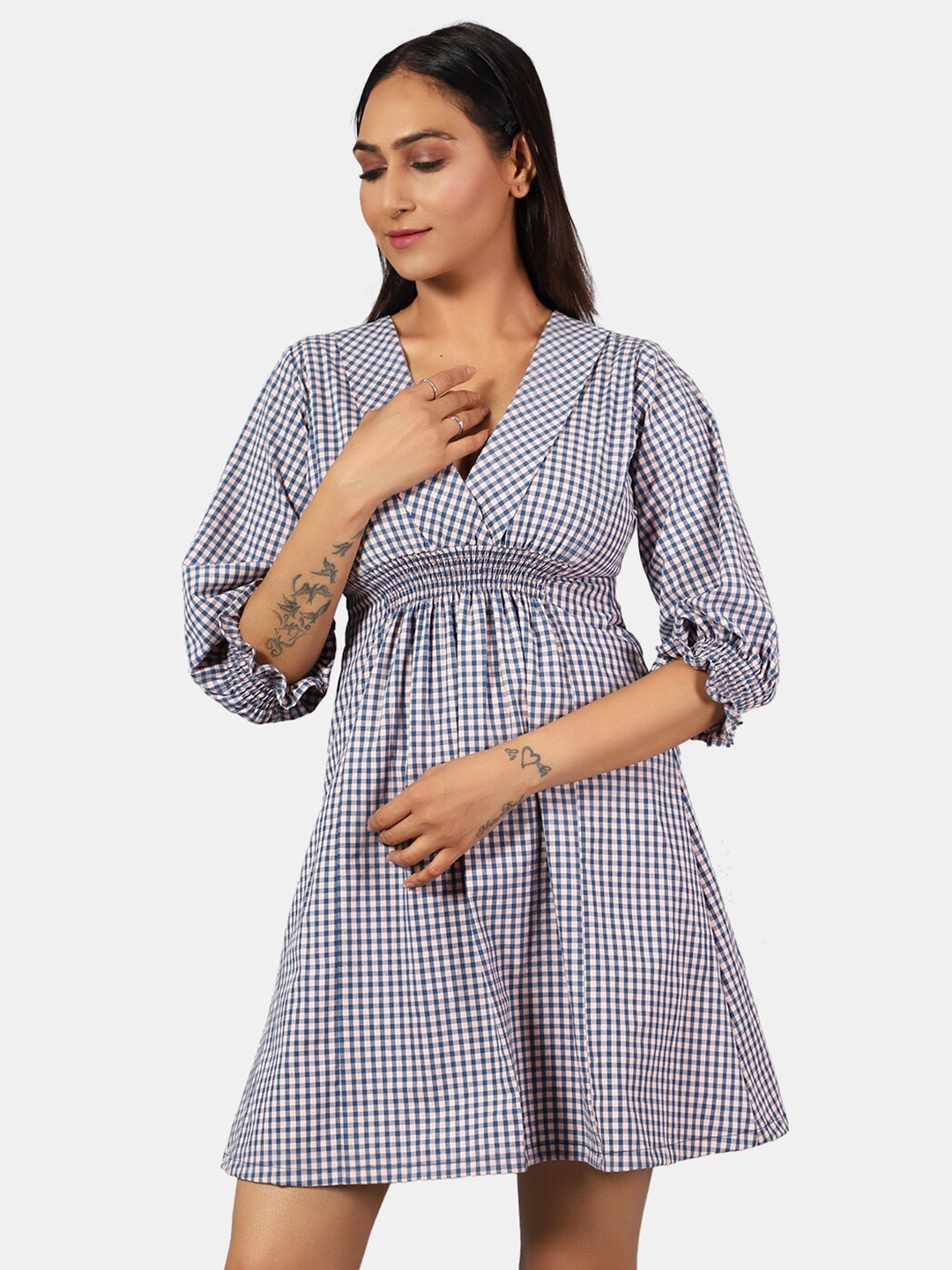 

INDOPHILIA Checked Puff Sleeves Pure Cotton Empire Mini Dress, White