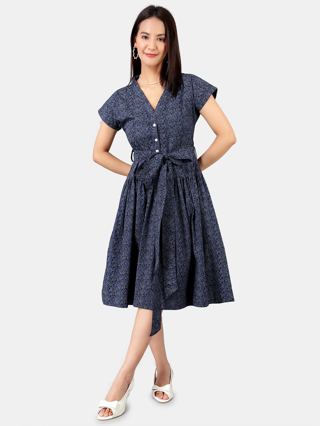 

INDOPHILIA V-Neck Paisley Printed Cotton Fit & Flare Dress, Blue