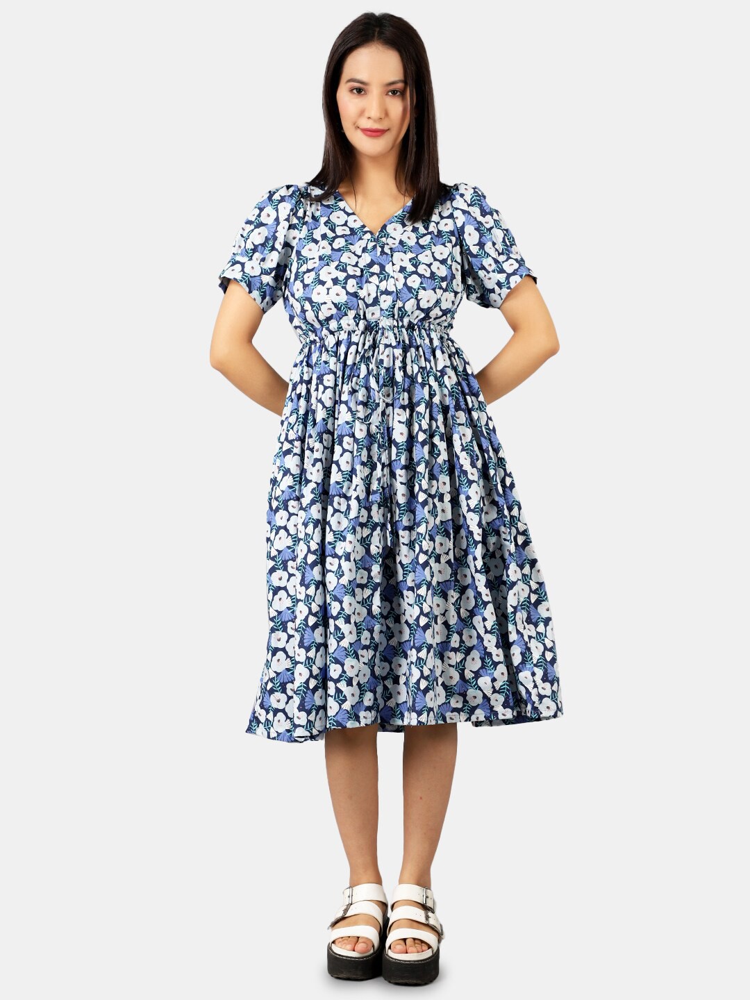 

INDOPHILIA V-Neck Floral Printed Cotton Fit & Flare Midi Dress, Blue