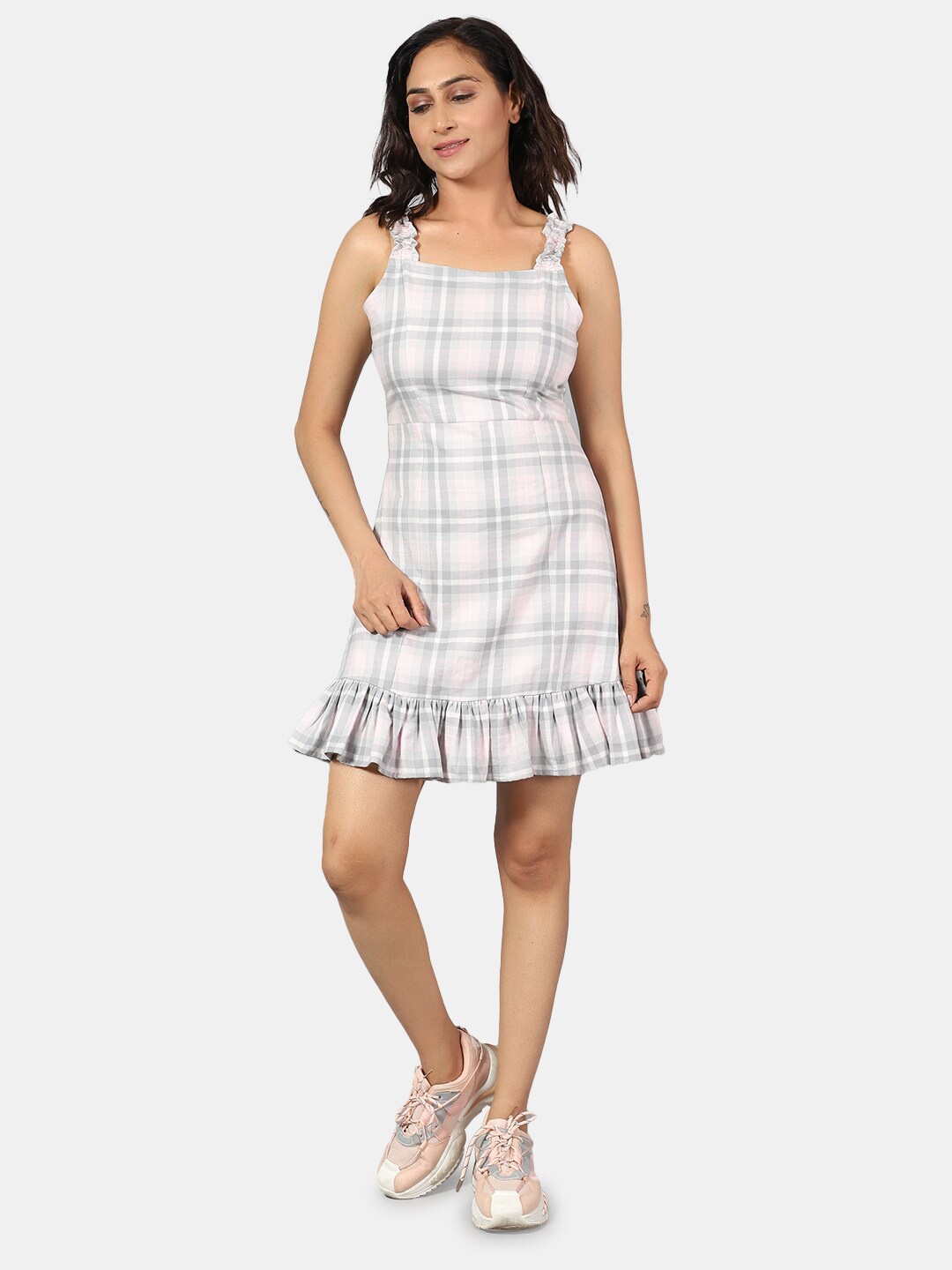 

INDOPHILIA Shoulder Straps Checked Pure Cotton Mini A-Line Dress, White