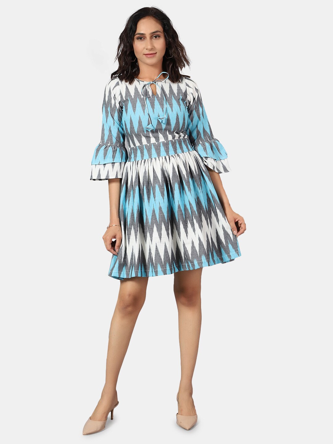 

INDOPHILIA Multicoloured Print Bell Sleeve Fit & Flare Dress, Blue