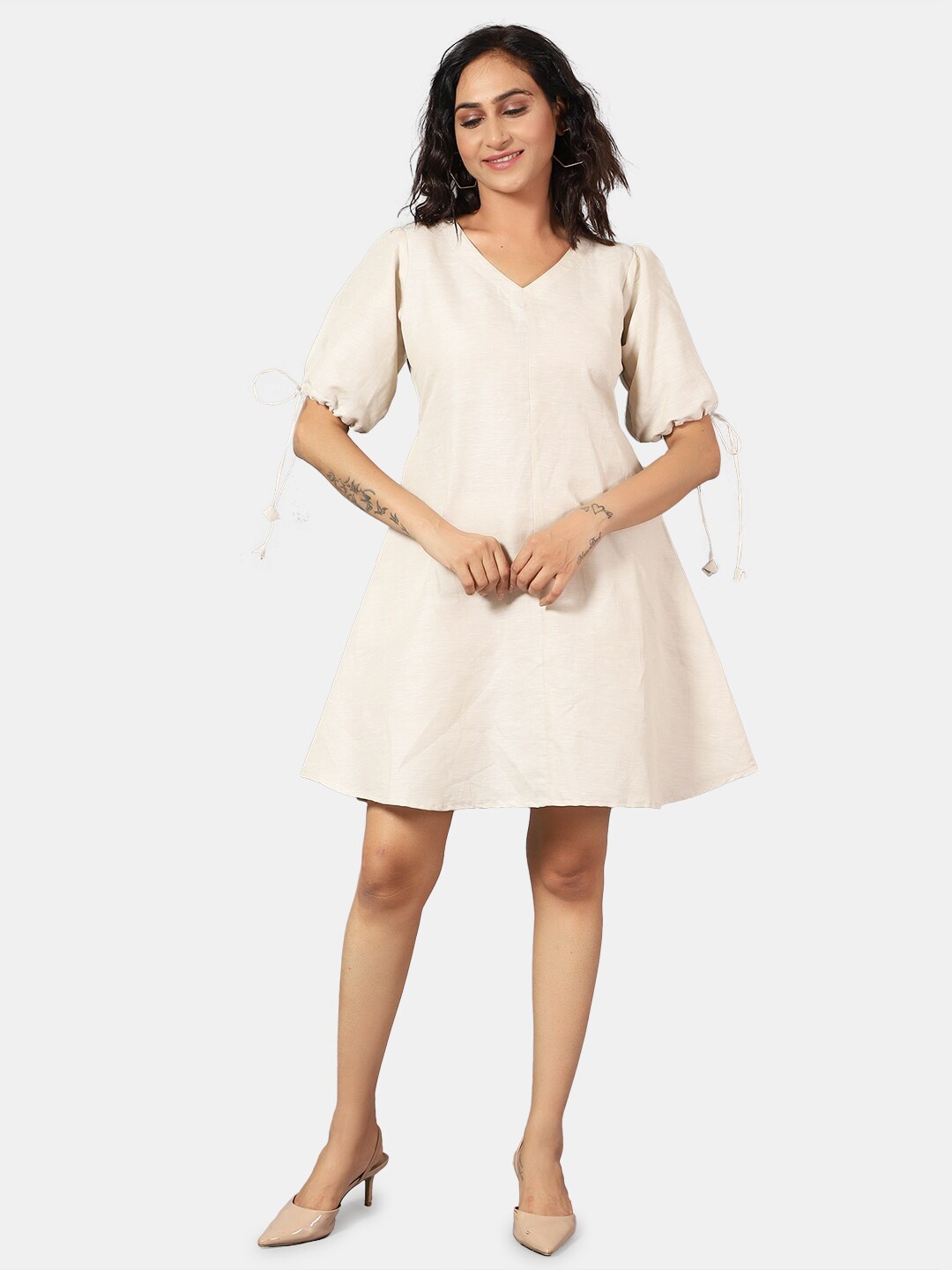 

INDOPHILIA V-Neck Puff Sleeve Cotton Linen Mini A-Line Dress, Cream
