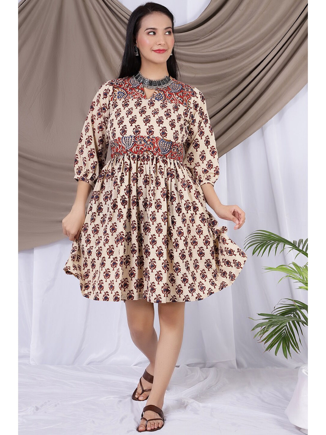 

INDOPHILIA Notch Neck Ethnic Motifs Printed Cotton Fit & Flare Dress, Beige