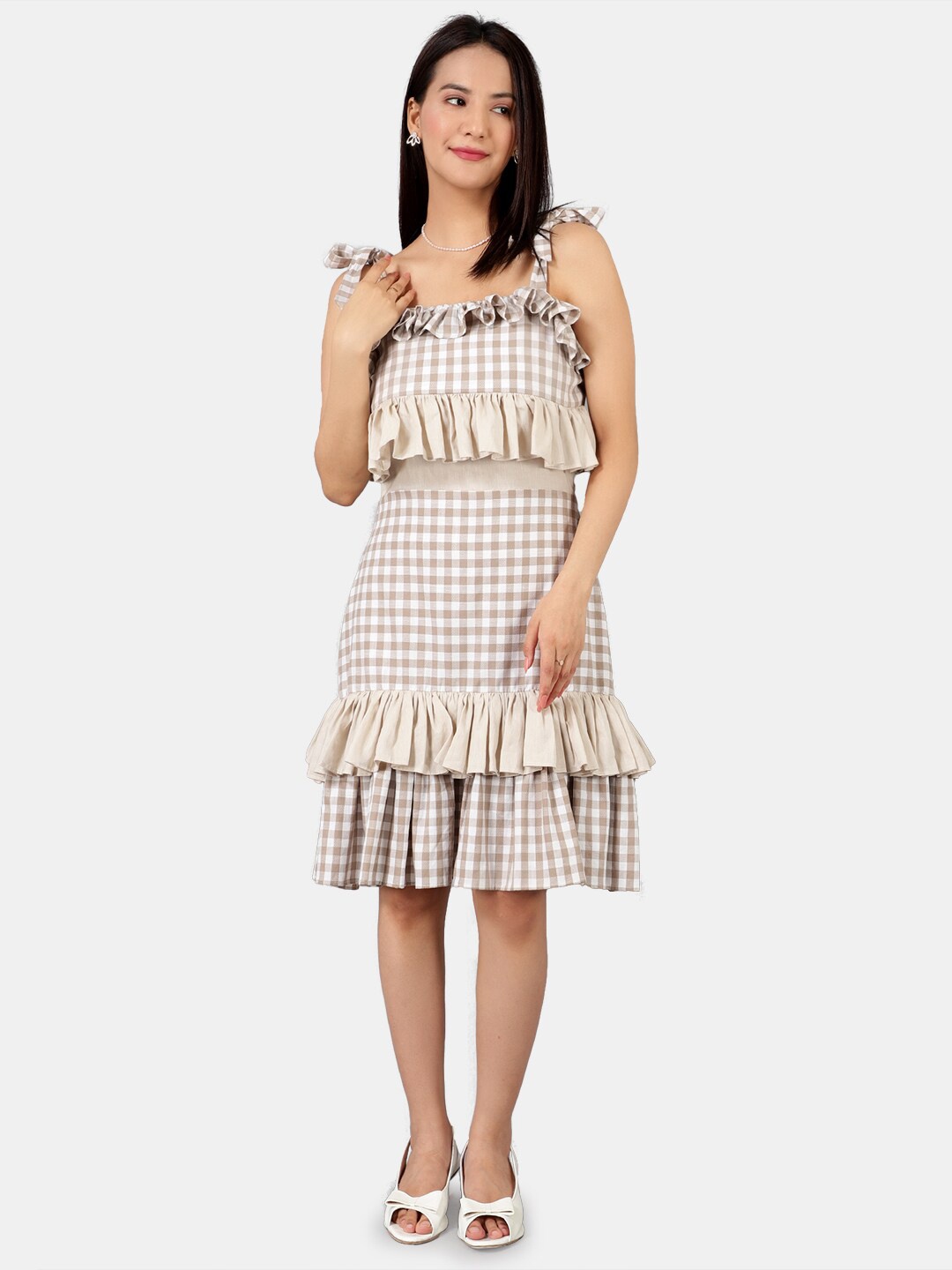 

INDOPHILIA Checked Ruffles Cotton A-Line Dress, Brown