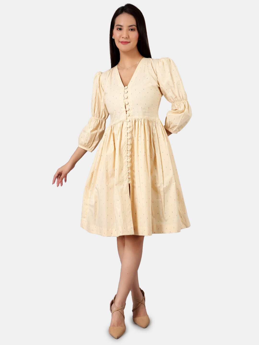 

INDOPHILIA V-Neck Conversational Printed Cotton Fit & Flare Dress, Beige
