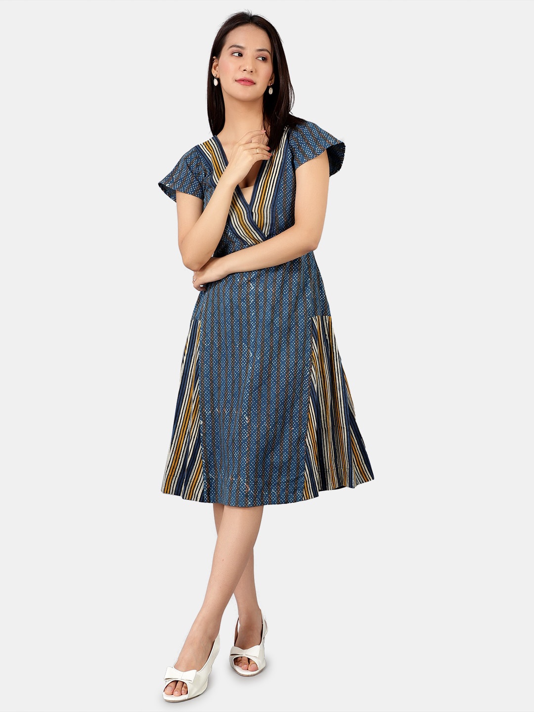 

INDOPHILIA V-Neck Striped Cotton A-Line Dress, Blue
