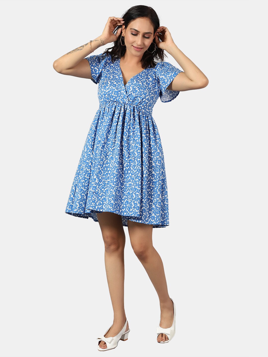 

INDOPHILIA V-Neck Floral Printed Pure Cotton Fit & Flare Midi Dress, Blue
