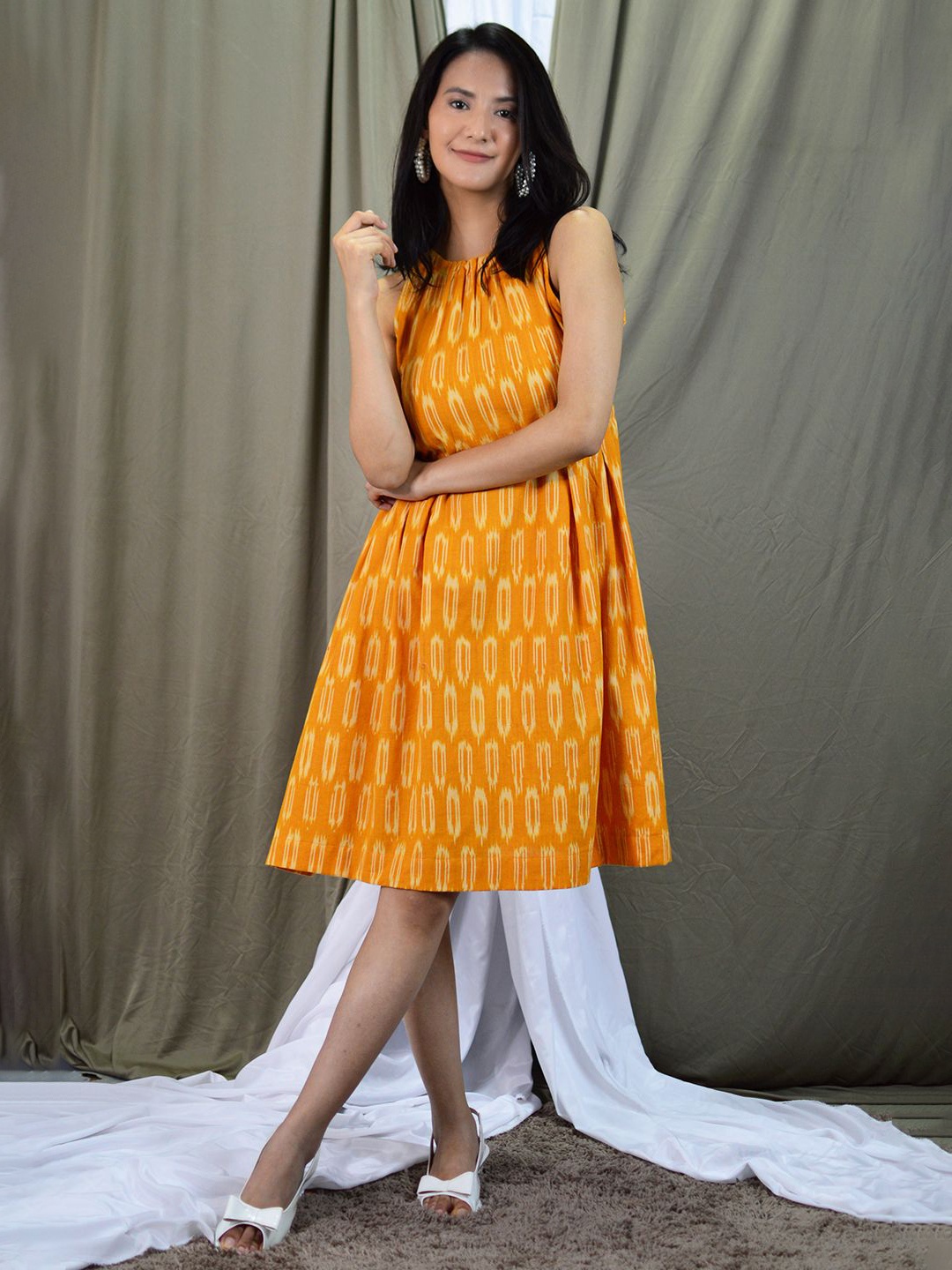 

INDOPHILIA Geometric Printed Fit & Flare Dress, Yellow
