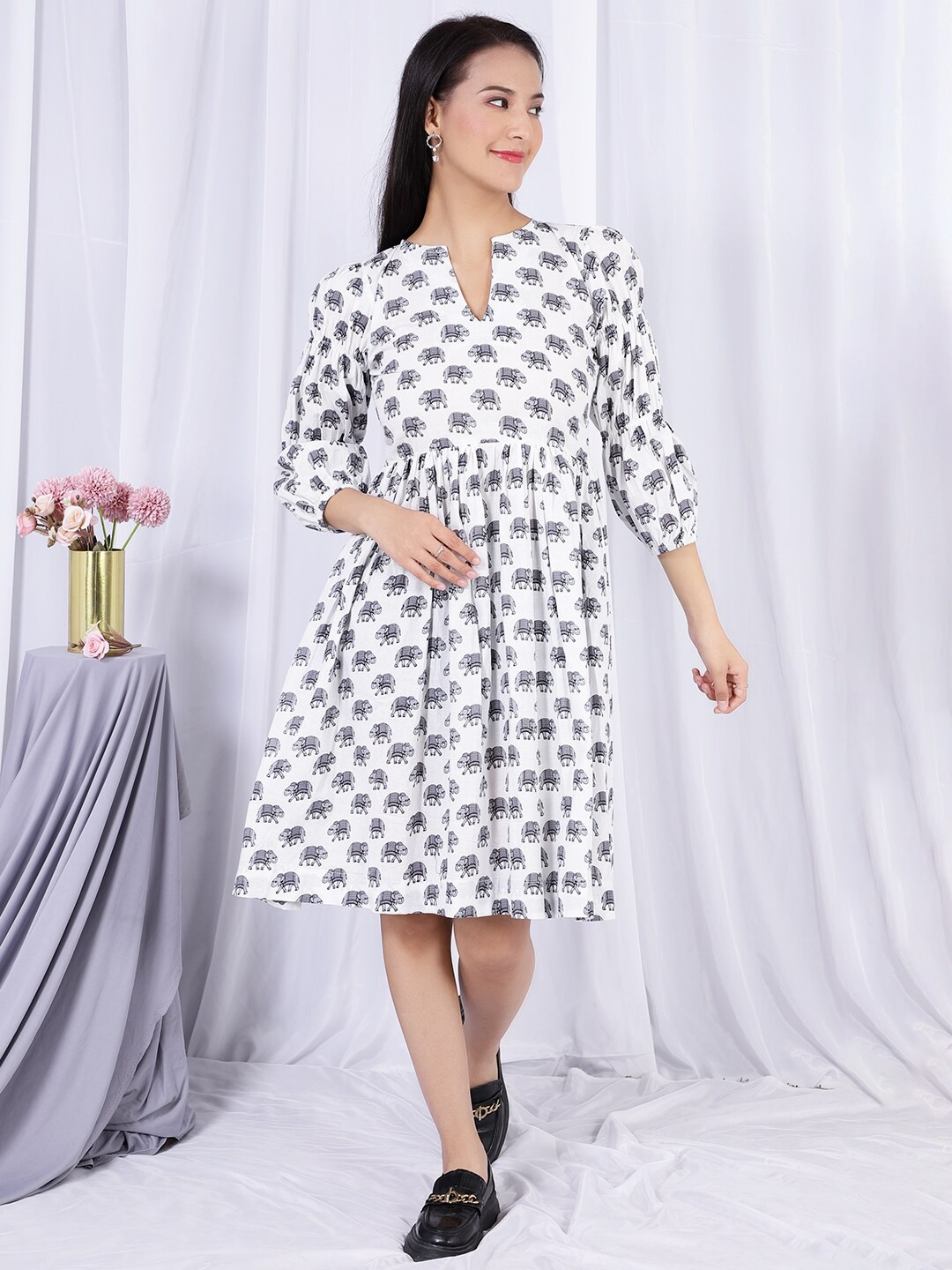 

INDOPHILIA Conversational Printed Fit & Flare Dress, White