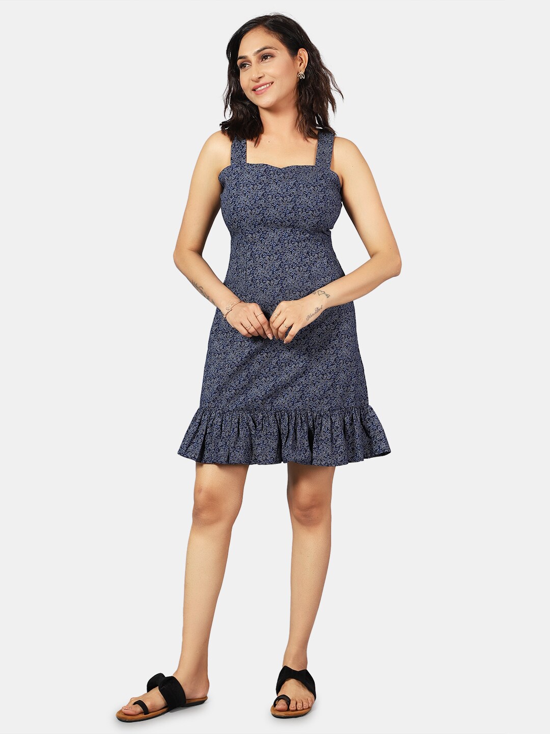 

INDOPHILIA Ethnic Motif Printed Pure Cotton A-Line Dress, Blue