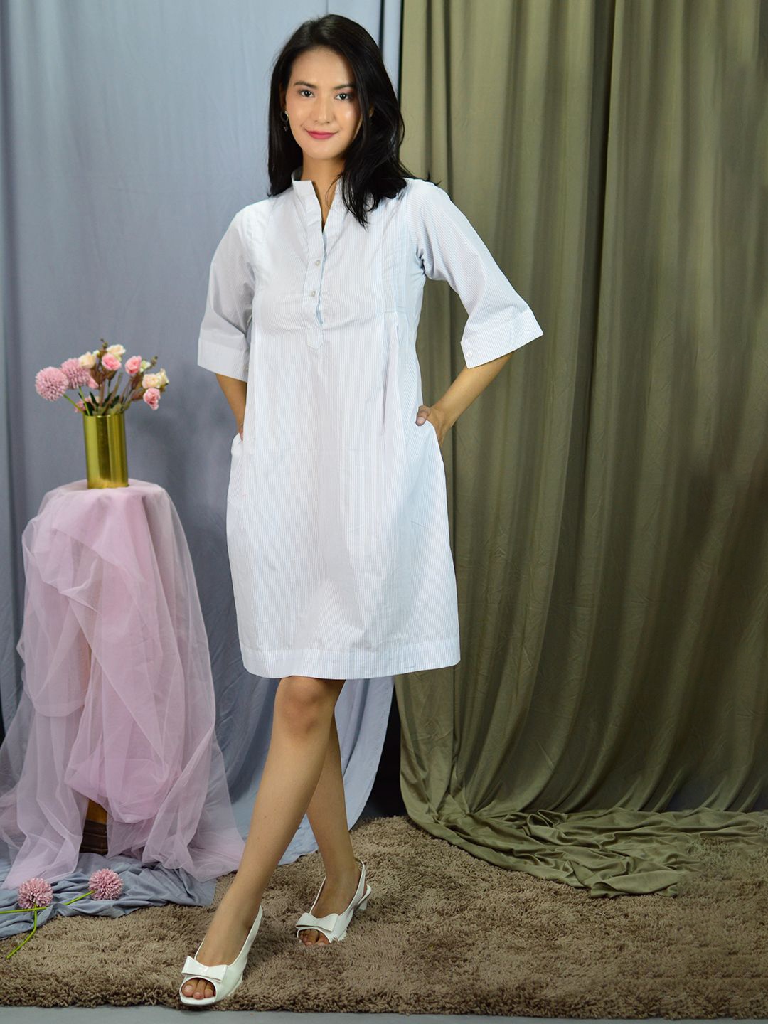 

INDOPHILIA Mandarin Collar Stripes Pure Cotton Shirt Dress, Blue
