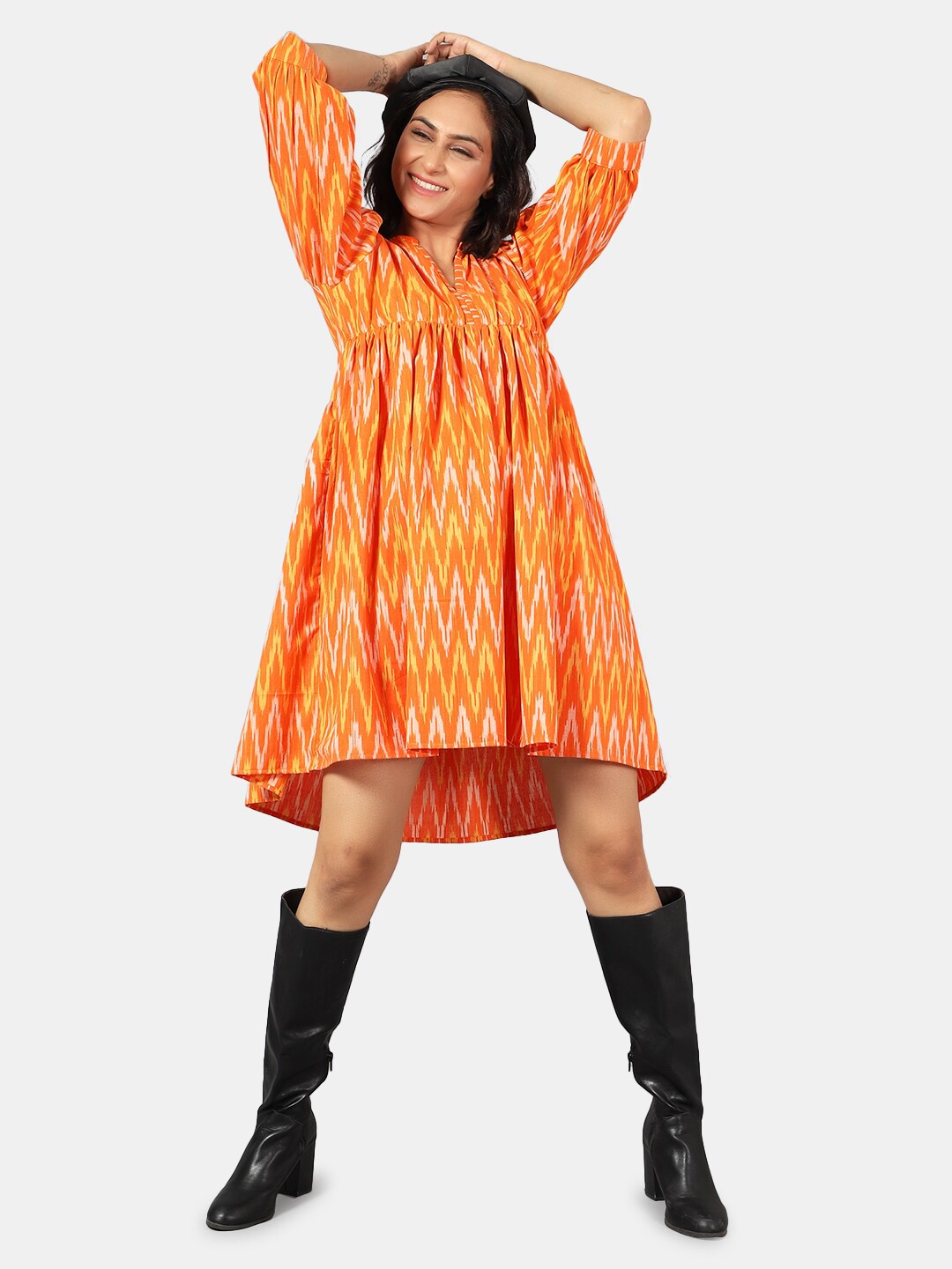 

INDOPHILIA V-Neck Ikat Printed Cotton A-Line Dress, Orange