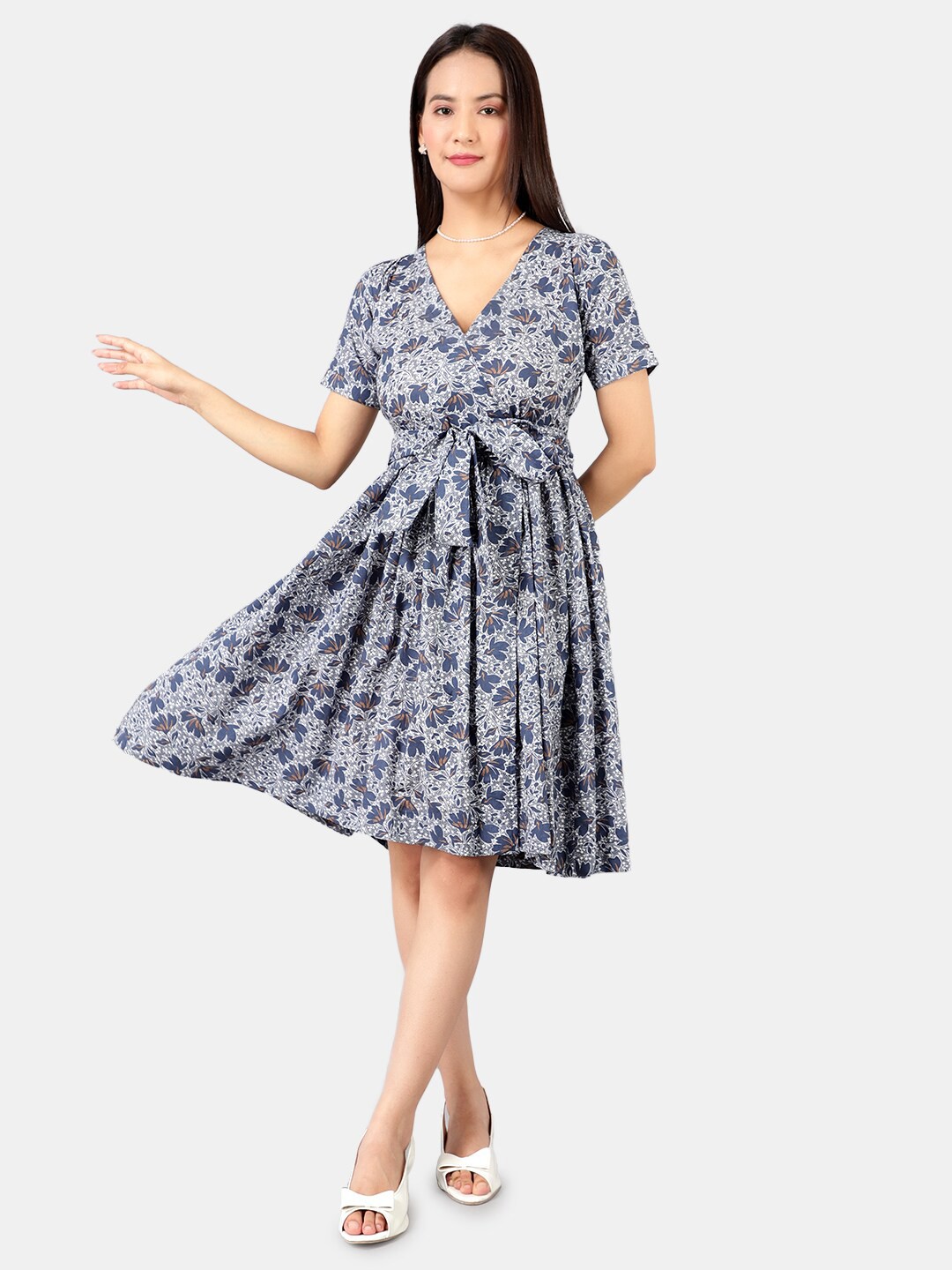 

INDOPHILIA Floral Printed Cotton Fit & Flare Dress, Blue
