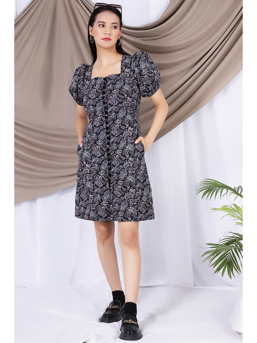 

INDOPHILIA Ethnic Motif Printed Puff Sleeves Pure Cotton A-Line Dress, Black