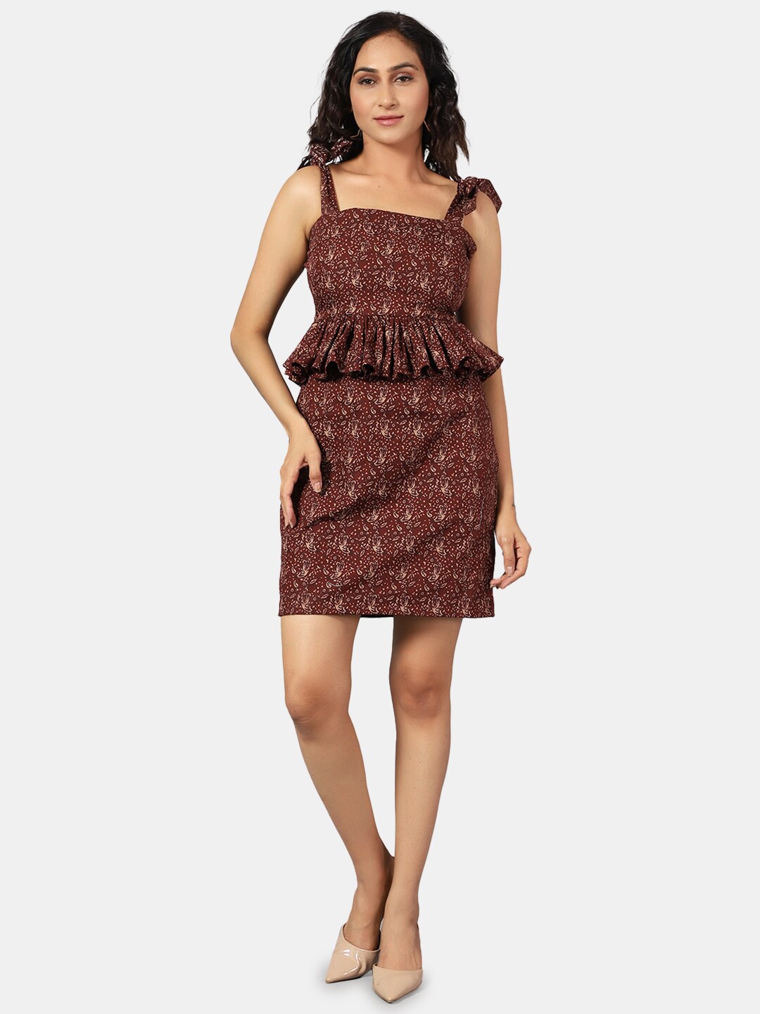 

INDOPHILIA Ethnic Motif Printed Pure Cotton Peplum Dress, Brown